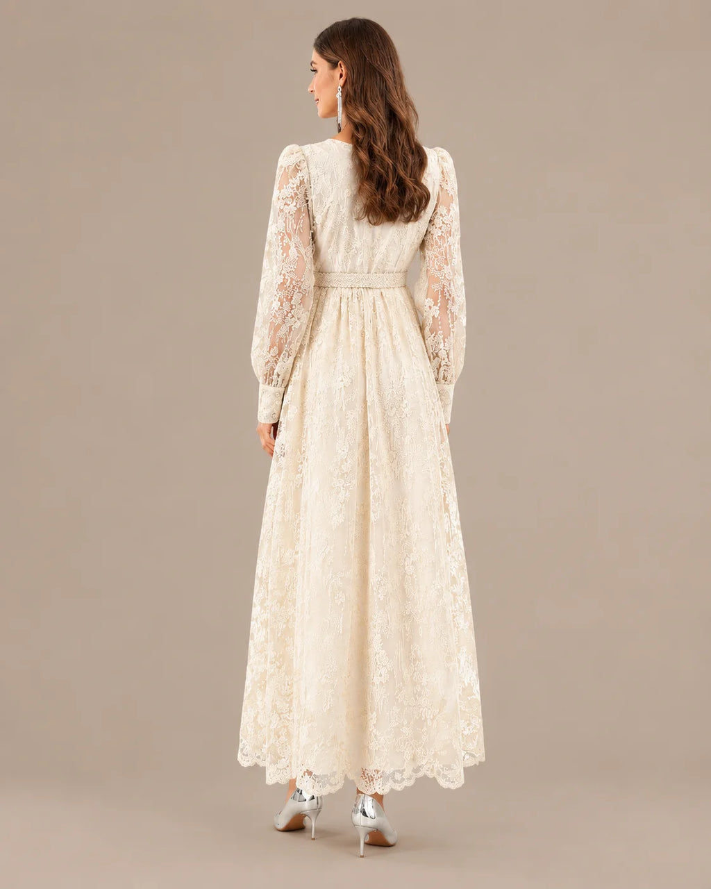 V-Neck Lace Lantern Sleeve Tasseled Belt Midi Dress | Oyese