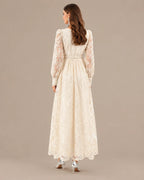 V-Neck Lace Lantern Sleeve Tasseled Belt Midi Dress | Oyese