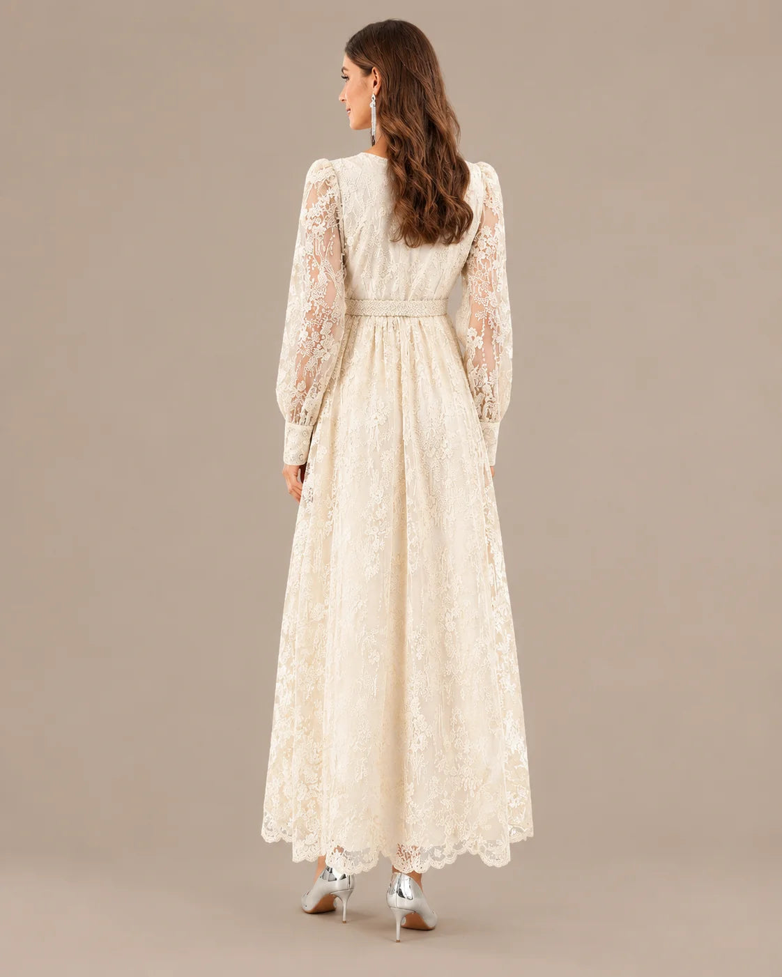 V-Neck Lace Lantern Sleeve Tasseled Belt Midi Dress | Oyese