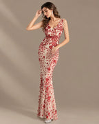 V-Neck Floral Sequin Embroidered Mermaid Evening Gown | Oyese