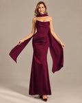 Satin Choker Neck Mermaid Gown – Asymmetric Draped Sleeve Formal Dress | Oyese