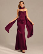 Satin Choker Neck Mermaid Gown – Asymmetric Draped Sleeve Formal Dress | Oyese
