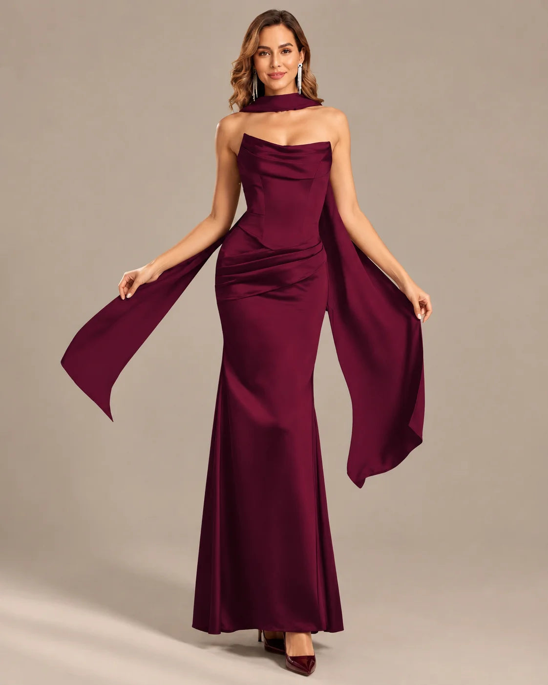 Satin Choker Neck Mermaid Gown – Asymmetric Draped Sleeve Formal Dress | Oyese
