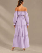 Boho Off-Shoulder Long Sleeve Tiered Maxi Dress with Side Slit | Oyese