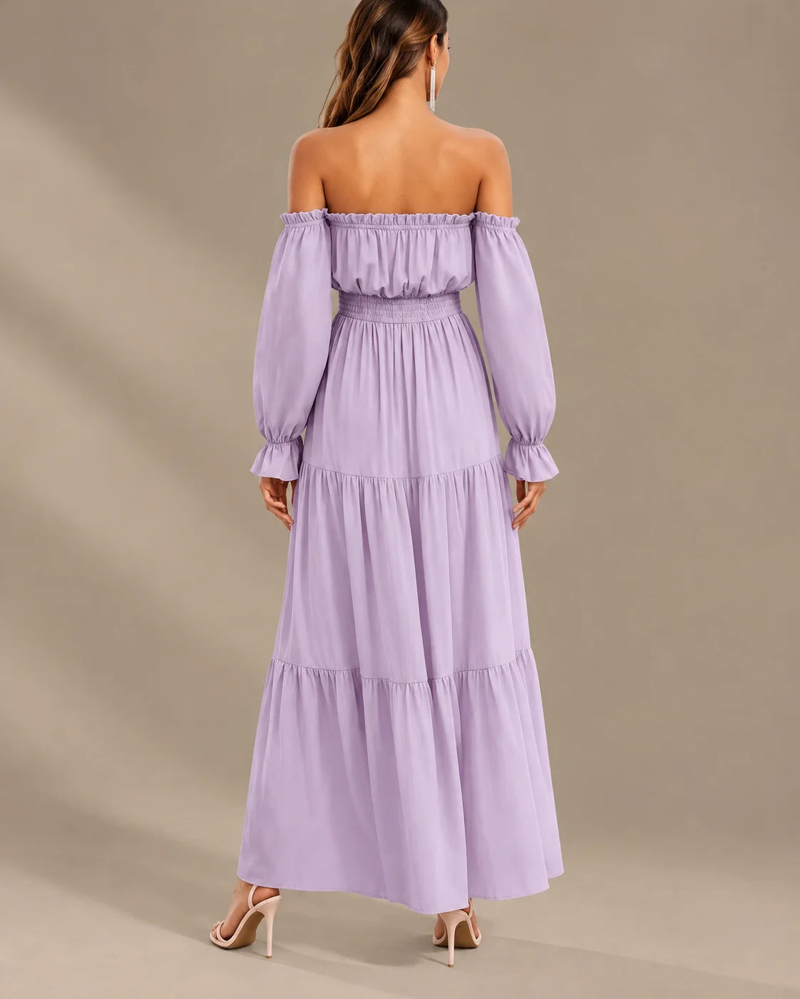 Boho Off-Shoulder Long Sleeve Tiered Maxi Dress with Side Slit | Oyese