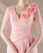 V-Neck 3D Floral Shoulder Beaded Mermaid Evening Gown | Oyese