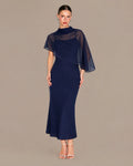 Chiffon Cape Mock Neck Satin Midi Dress – Elegant Cocktail Wedding Guest Dress | Oyese