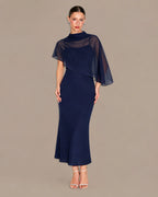 Chiffon Cape Mock Neck Satin Midi Dress – Elegant Cocktail Wedding Guest Dress | Oyese