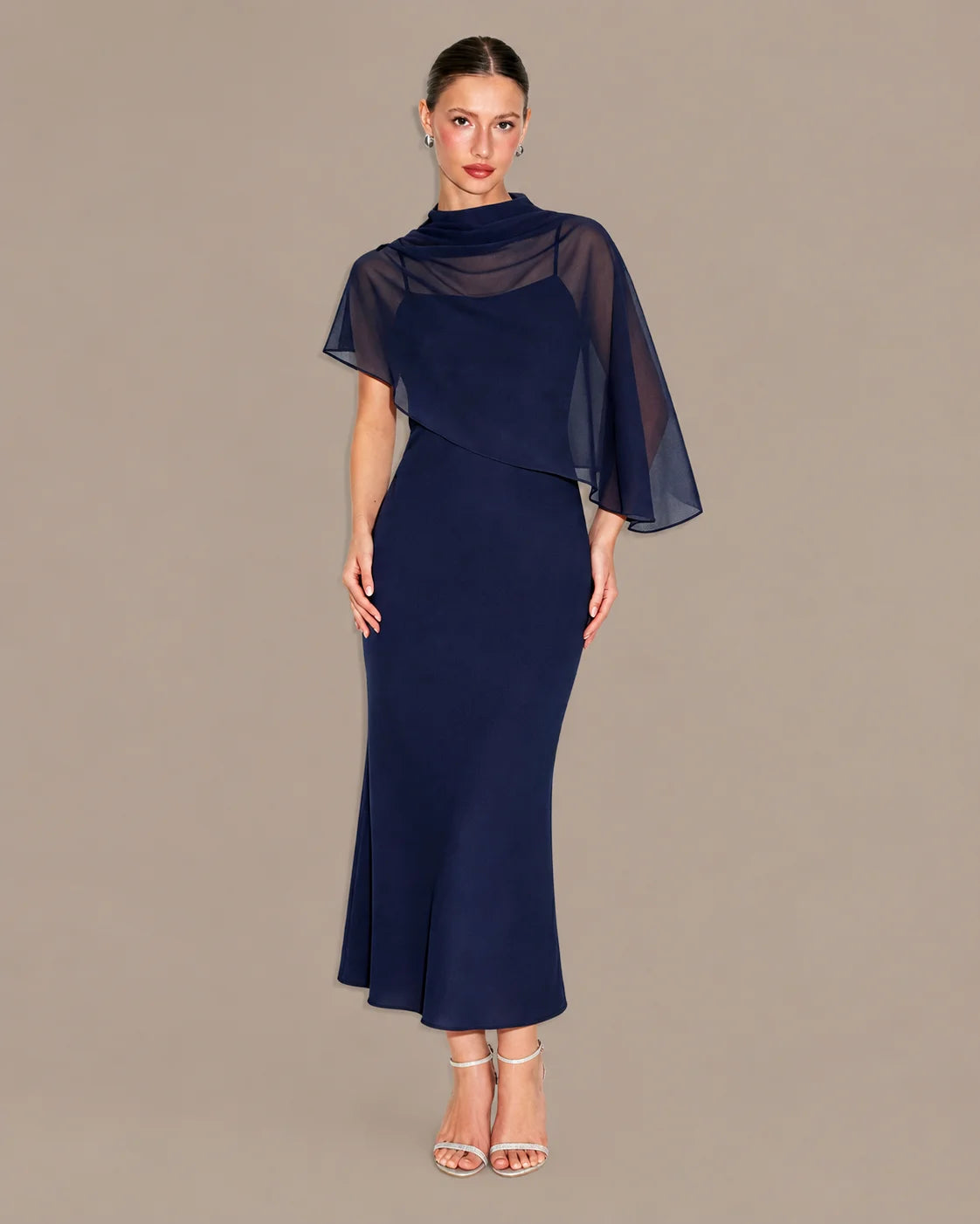 Chiffon Cape Mock Neck Satin Midi Dress – Elegant Cocktail Wedding Guest Dress | Oyese