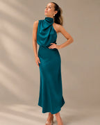 Halter Cowl Neck Draped Satin Midi Dress | Oyese