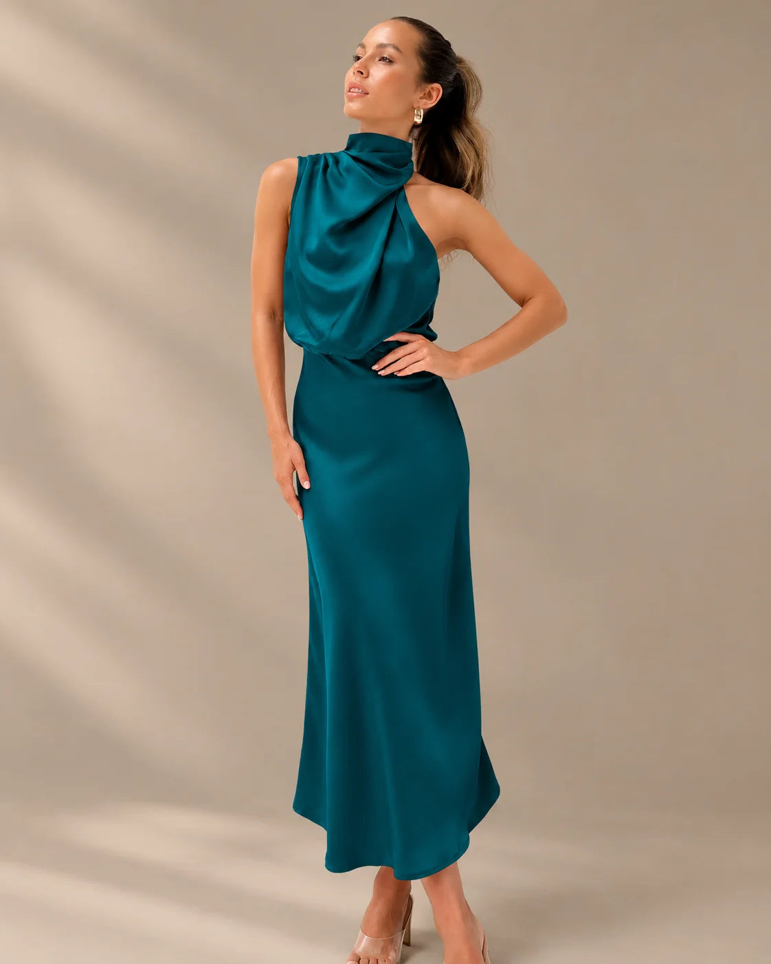 Halter Cowl Neck Draped Satin Midi Dress | Oyese