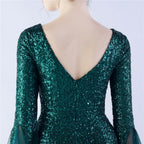 V-Neck Bell Sleeve Sequin Tulle Mermaid Evening Gown | Oyese