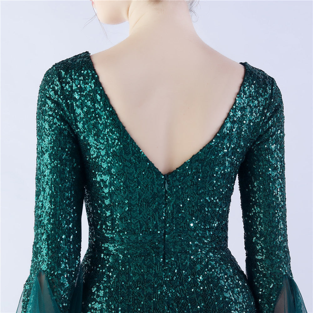 V-Neck Bell Sleeve Sequin Tulle Mermaid Evening Gown | Oyese