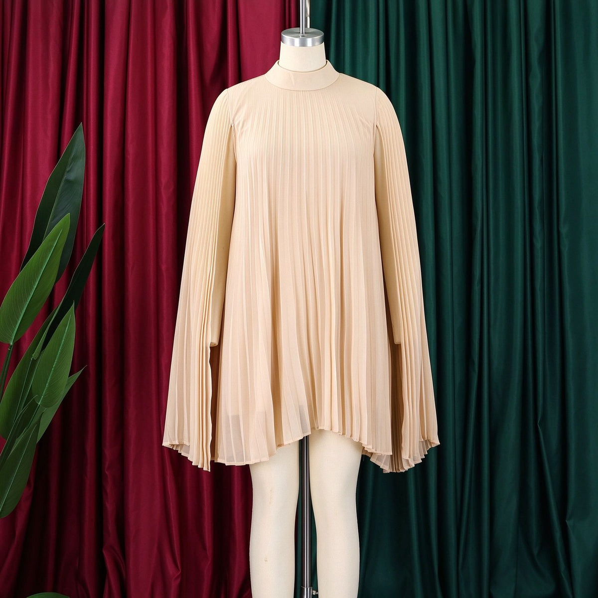 Mock Neck Pleated Chiffon Cape Shift Dress | Oyese