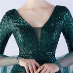 V-Neck Bell Sleeve Sequin Tulle Mermaid Evening Gown | Oyese