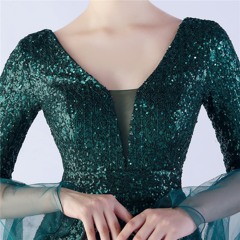 V-Neck Bell Sleeve Sequin Tulle Mermaid Evening Gown | Oyese