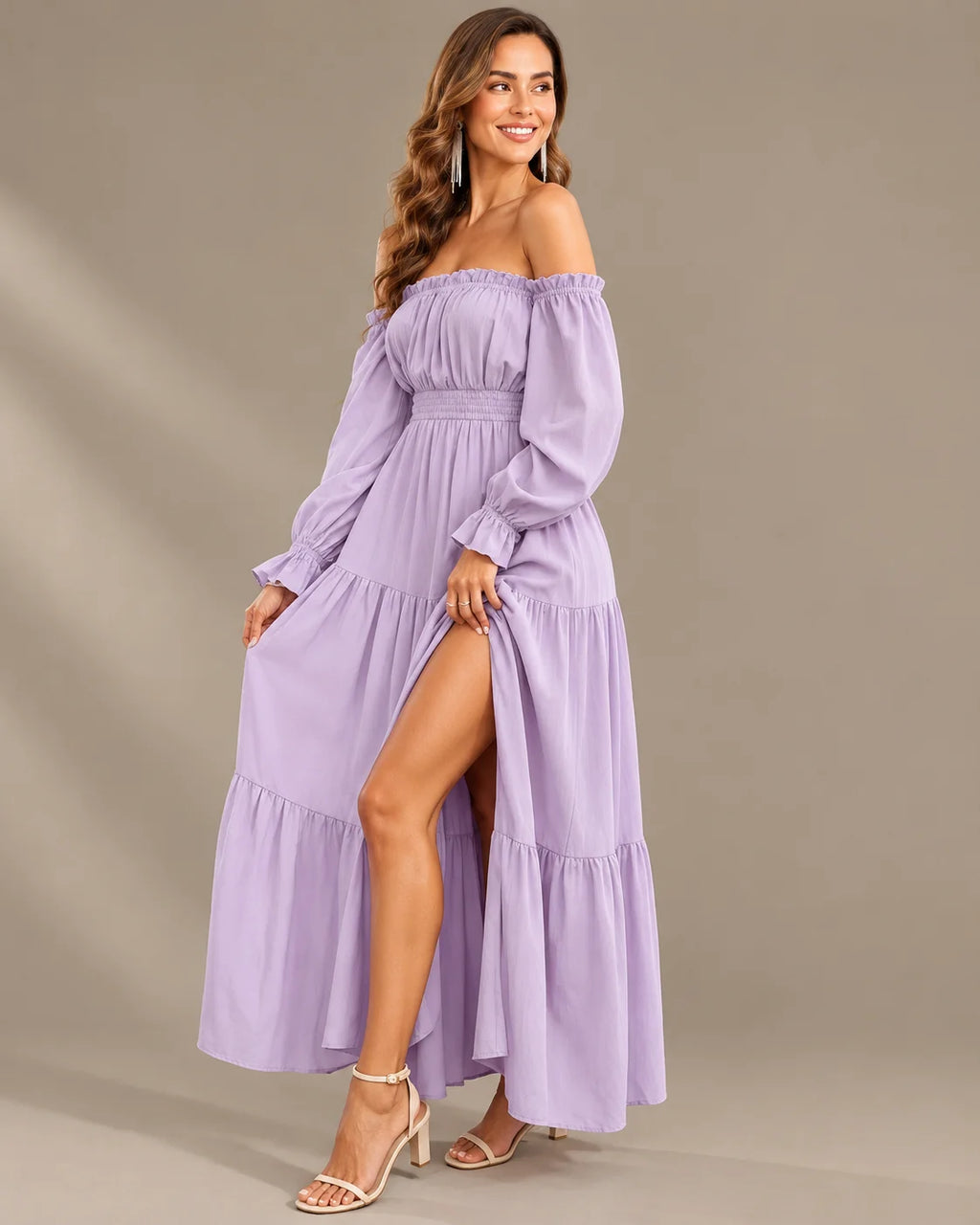 Boho Off-Shoulder Long Sleeve Tiered Maxi Dress with Side Slit | Oyese