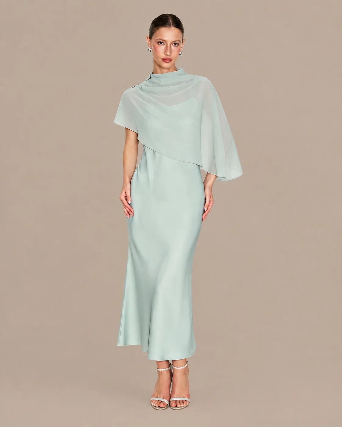 Chiffon Cape Mock Neck Satin Midi Dress – Elegant Cocktail Wedding Guest Dress | Oyese