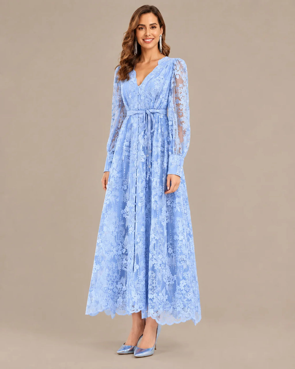 V-Neck Lace Lantern Sleeve Tasseled Belt Midi Dress | Oyese