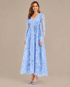 V-Neck Lace Lantern Sleeve Tasseled Belt Midi Dress | Oyese