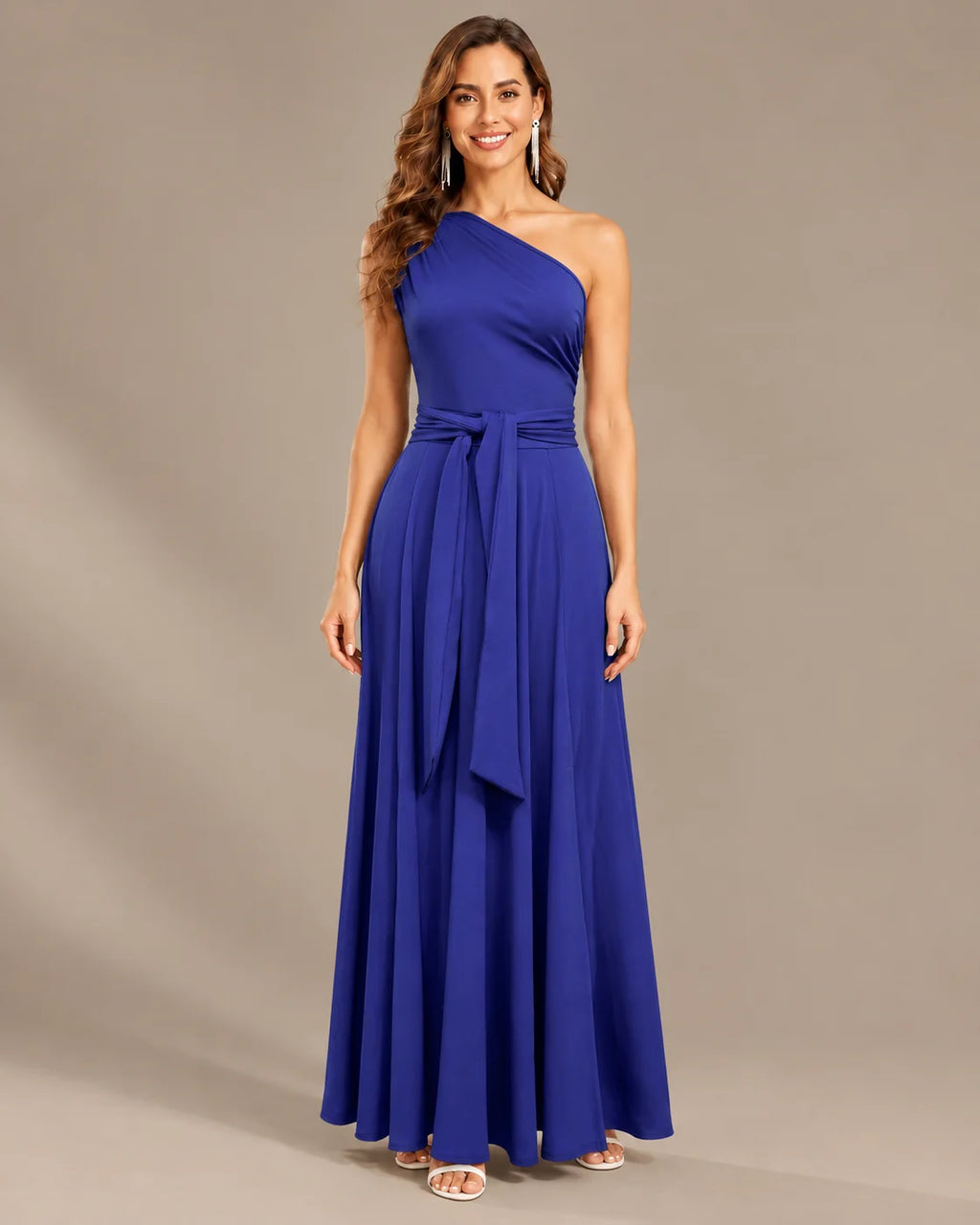 One-Shoulder Cap Sleeve Belted Fit and Flare Midi Dress | Oyese