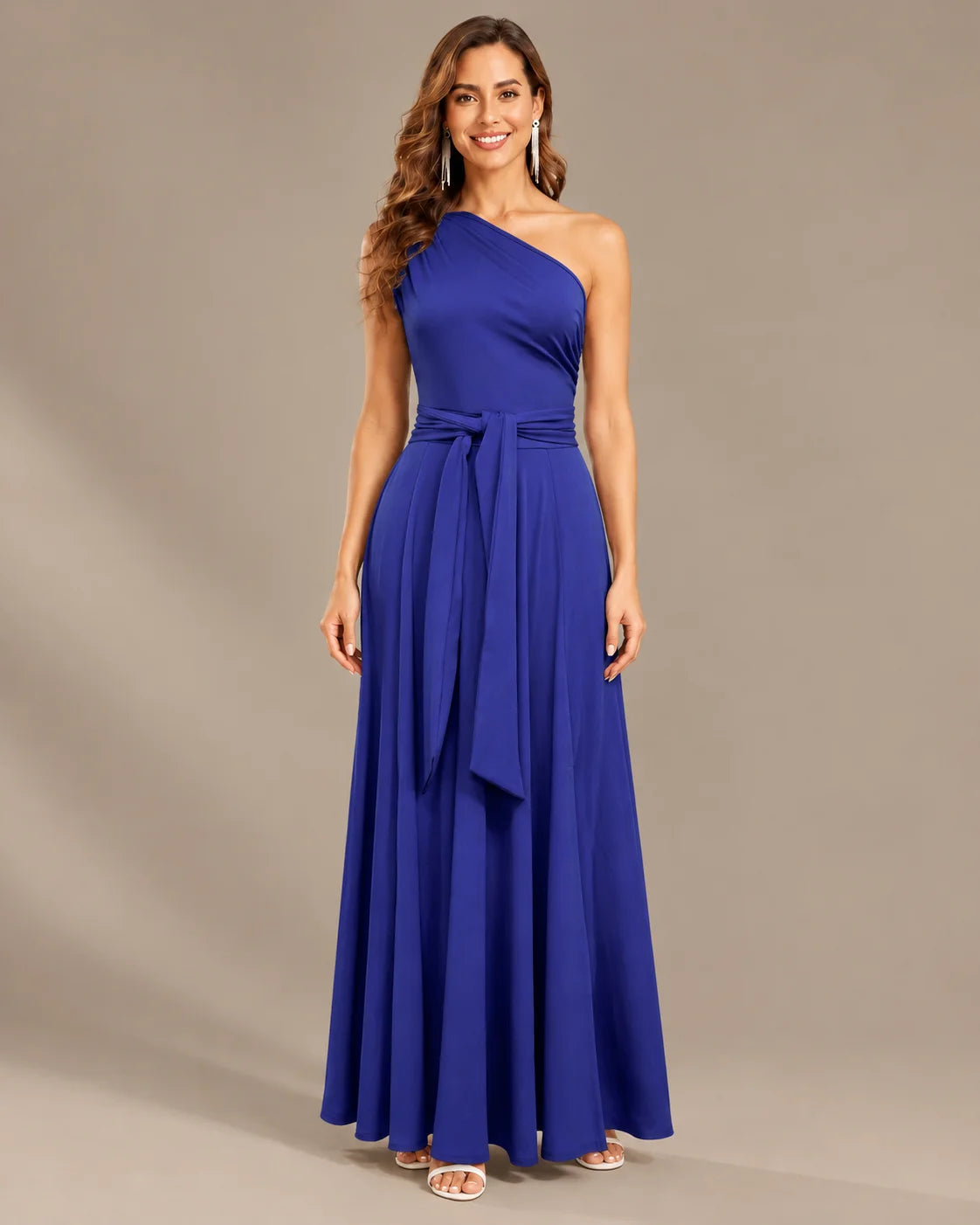 One-Shoulder Cap Sleeve Belted Fit and Flare Midi Dress | Oyese