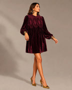 Velvet Lace Yoke Long Puff Sleeve Babydoll Mini Dress | Oyese