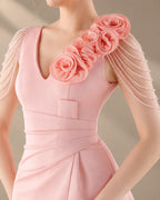 V-Neck 3D Floral Shoulder Beaded Mermaid Evening Gown | Oyese