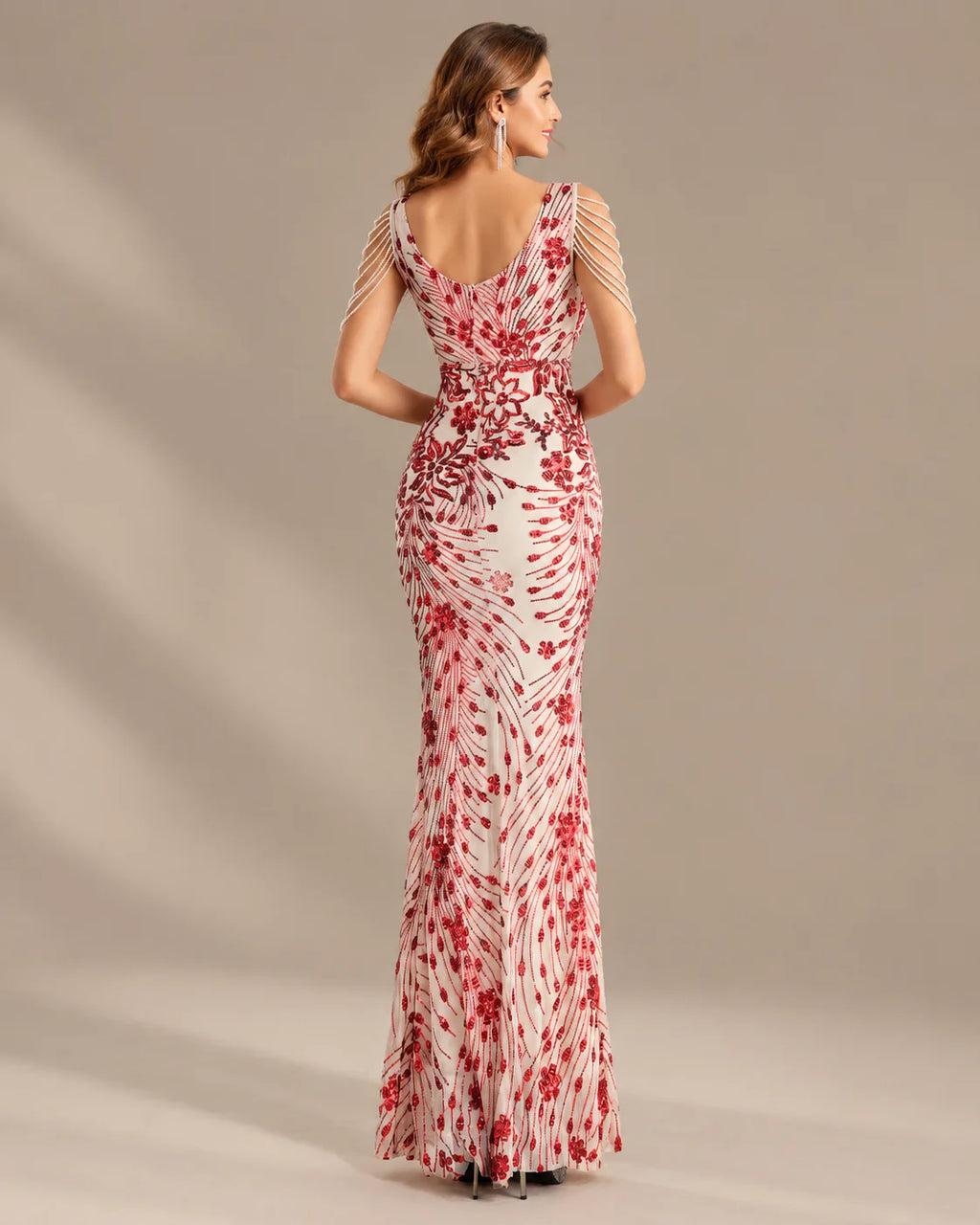 V-Neck Floral Sequin Embroidered Mermaid Evening Gown | Oyese