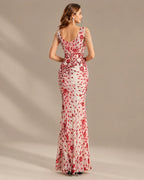 V-Neck Floral Sequin Embroidered Mermaid Evening Gown | Oyese