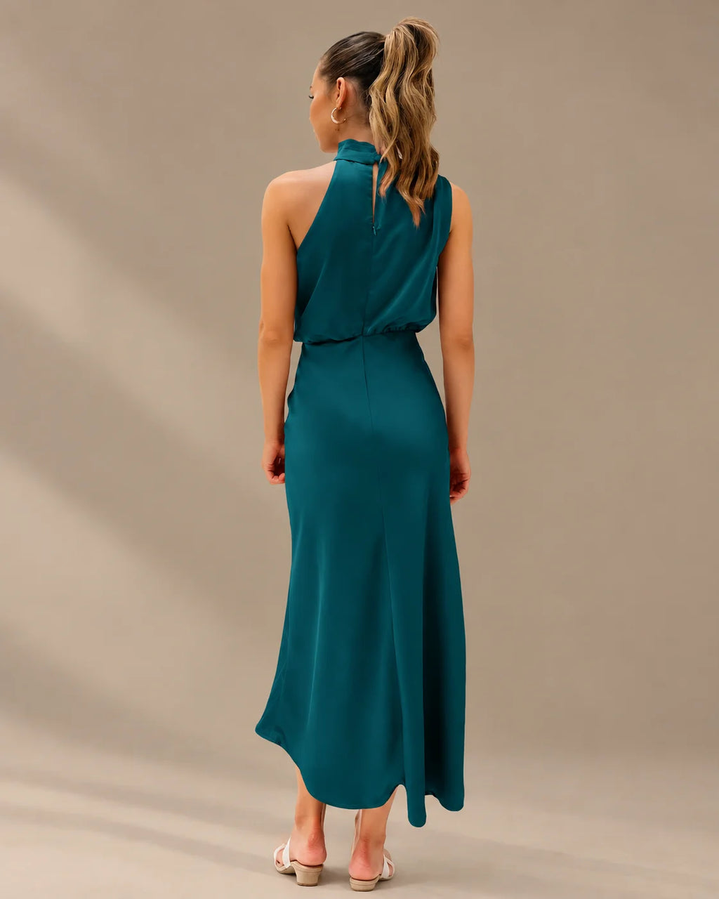 Halter Cowl Neck Draped Satin Midi Dress | Oyese
