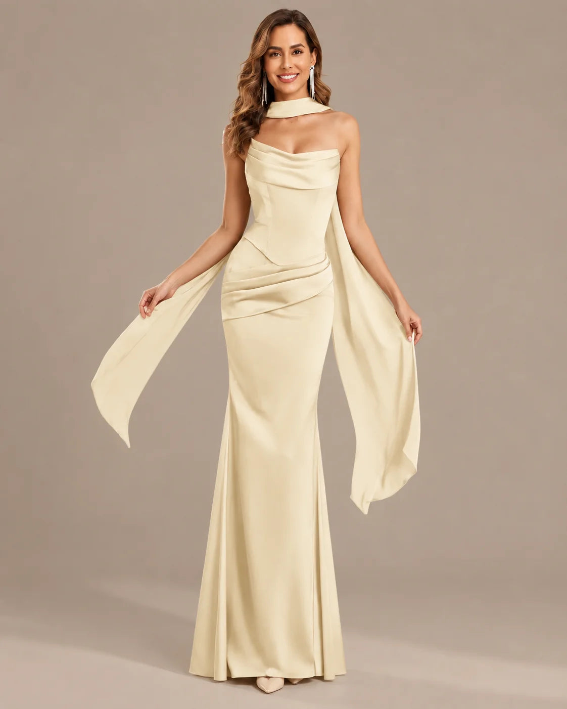Satin Choker Neck Mermaid Gown – Asymmetric Draped Sleeve Formal Dress | Oyese
