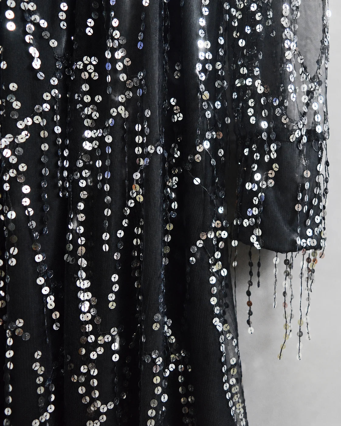 V-Neck Long Sleeve Sequin Fringe Mesh Midi Dress | Oyese