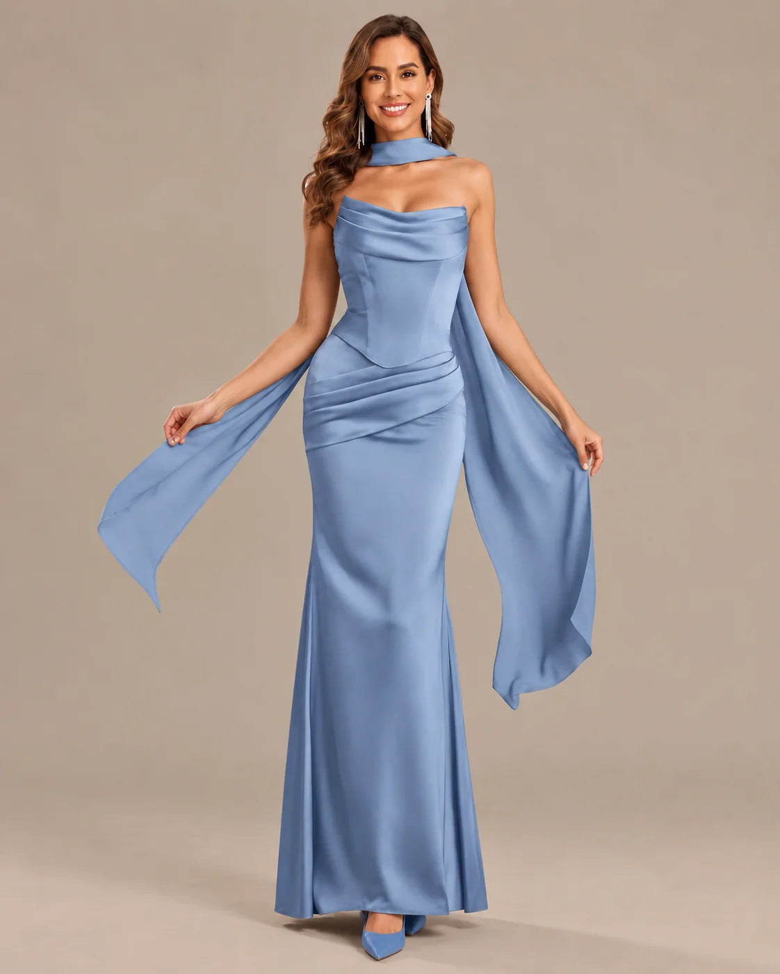 Satin Choker Neck Mermaid Gown – Asymmetric Draped Sleeve Formal Dress | Oyese