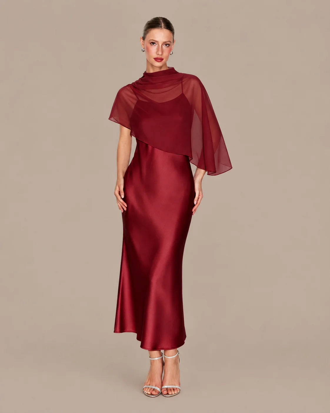 Chiffon Cape Mock Neck Satin Midi Dress – Elegant Cocktail Wedding Guest Dress | Oyese
