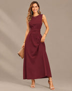 Round Neck Tie Waist Relaxed Maxi Dress – Sleeveless Textured Casual Dress | Oyese