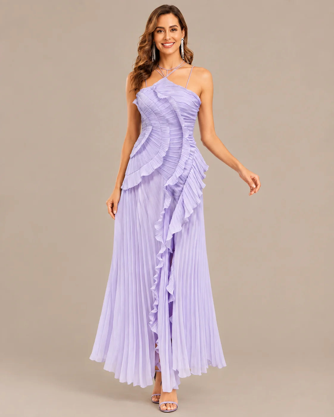 One-Shoulder Draped Ruffle High-Low Maxi Gown | Oyese