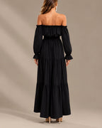 Boho Off-Shoulder Long Sleeve Tiered Maxi Dress with Side Slit | Oyese