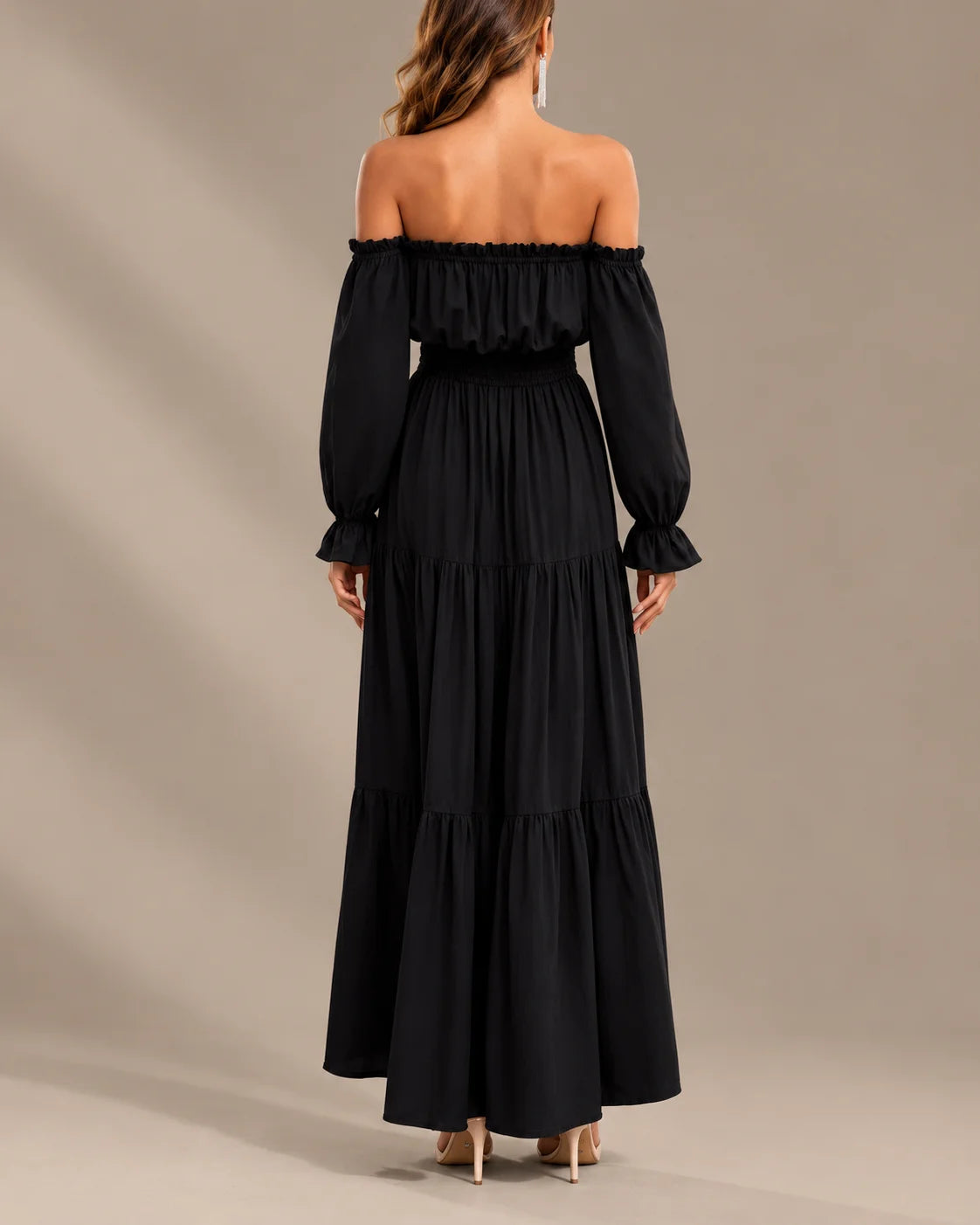 Boho Off-Shoulder Long Sleeve Tiered Maxi Dress with Side Slit | Oyese