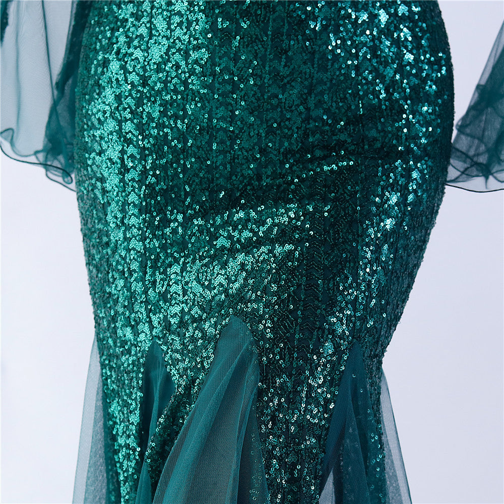 V-Neck Bell Sleeve Sequin Tulle Mermaid Evening Gown | Oyese