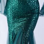 V-Neck Bell Sleeve Sequin Tulle Mermaid Evening Gown | Oyese