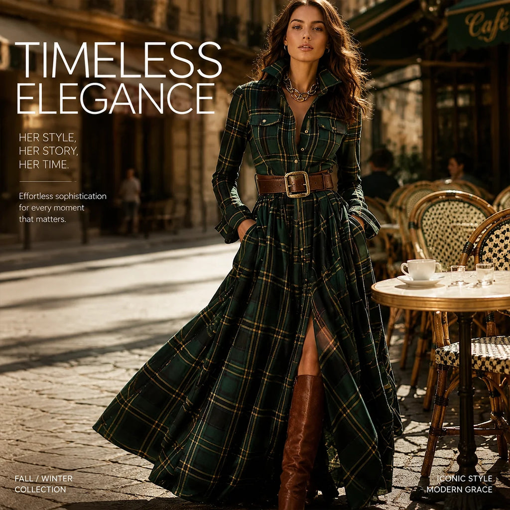 Women's Tartan Plaid Maxi Shirt Dress