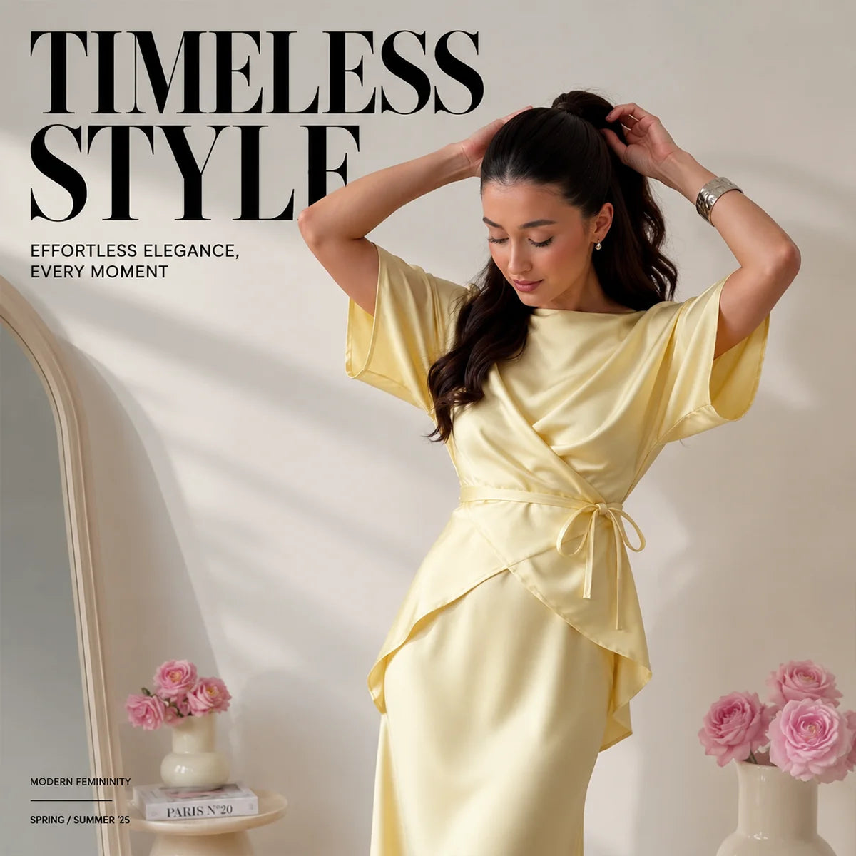 Lemon Satin Off-Shoulder Wrap Top & Maxi Skirt Set