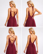 V-Neck Open Back Pleated A-Line Bridesmaid Gown | Oyese
