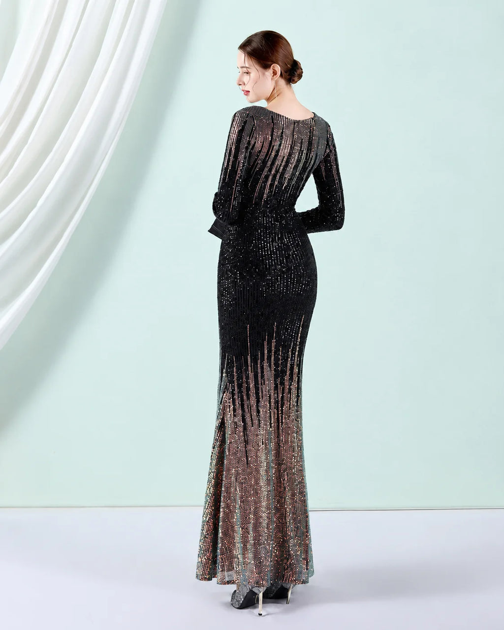 Deep V Long Sleeve Ombre Sequin Mermaid Evening Gown | Oyese