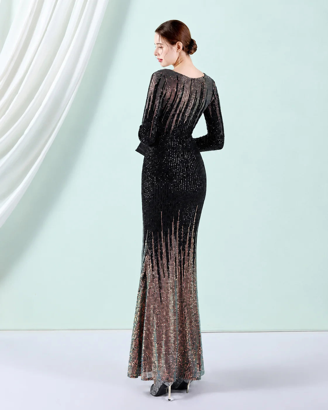Deep V Long Sleeve Ombre Sequin Mermaid Evening Gown | Oyese