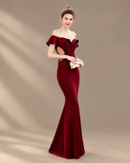 Off-Shoulder Ruffle Sleeve Beaded Mermaid Evening Gown | Oyese