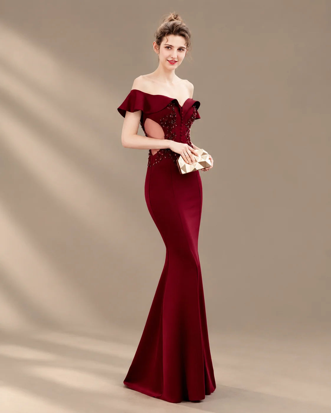 Off-Shoulder Ruffle Sleeve Beaded Mermaid Evening Gown | Oyese