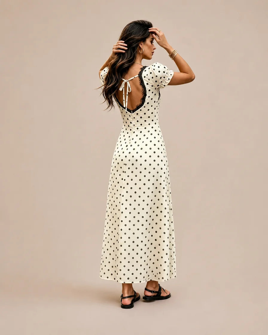 Polka Dot Lace Trim Puff Sleeve Maxi Dress – French Deep V Vintage | Oyese