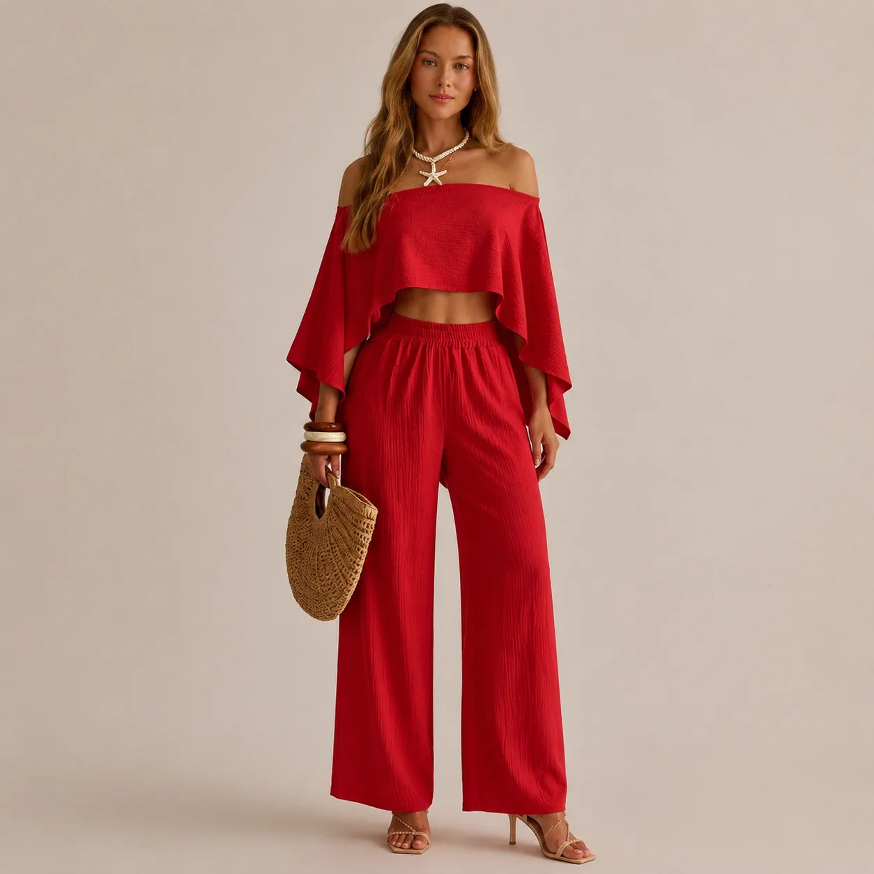 Off-Shoulder Cape Top & Wide Leg Pants Set – Beach Vacation 2-Piece | Oyese